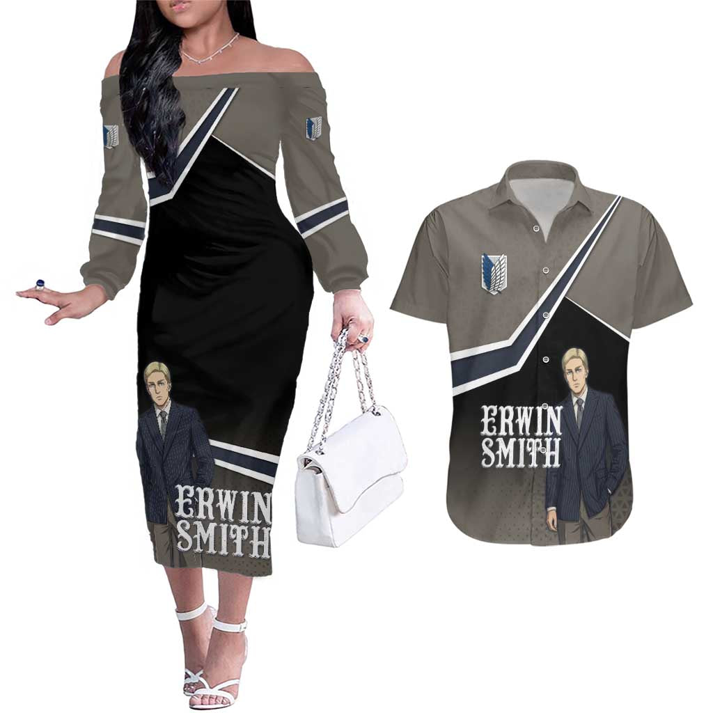 Erwin Smith Attack on Titan Couples Matching Off The Shoulder Long Sleeve Dress and Hawaiian Shirt Anime Executive Suit Aesthetic