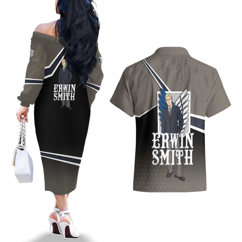 Erwin Smith Attack on Titan Couples Matching Off The Shoulder Long Sleeve Dress and Hawaiian Shirt Anime Executive Suit Aesthetic