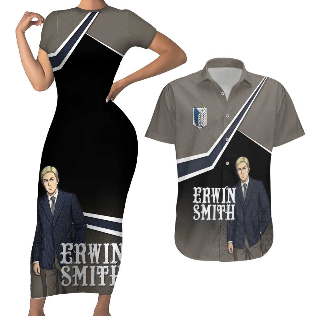 Erwin Smith Attack on Titan Couples Matching Short Sleeve Bodycon Dress and Hawaiian Shirt Anime Executive Suit Aesthetic