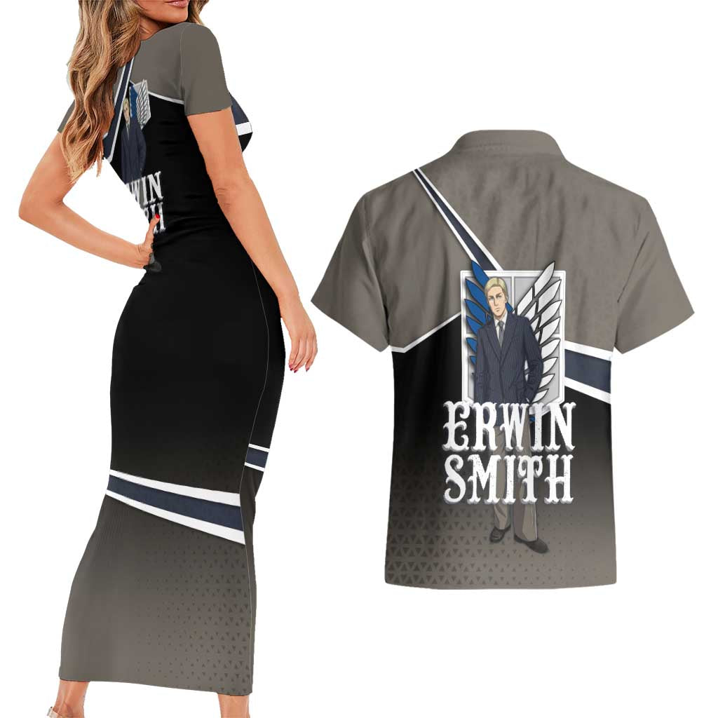Erwin Smith Attack on Titan Couples Matching Short Sleeve Bodycon Dress and Hawaiian Shirt Anime Executive Suit Aesthetic