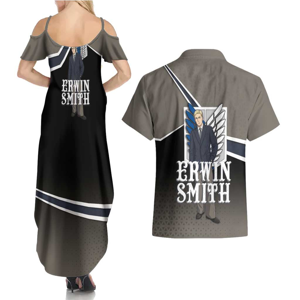 Erwin Smith Attack on Titan Couples Matching Summer Maxi Dress and Hawaiian Shirt Anime Executive Suit Aesthetic