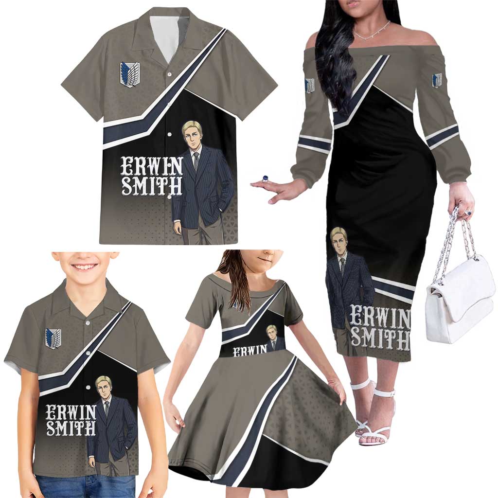 Erwin Smith Attack on Titan Family Matching Off The Shoulder Long Sleeve Dress and Hawaiian Shirt Anime Executive Suit Aesthetic