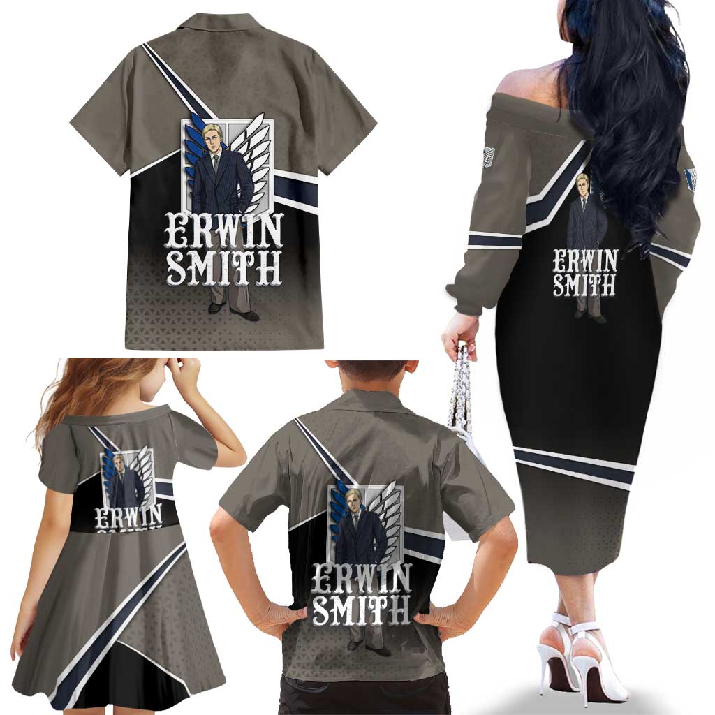 Erwin Smith Attack on Titan Family Matching Off The Shoulder Long Sleeve Dress and Hawaiian Shirt Anime Executive Suit Aesthetic