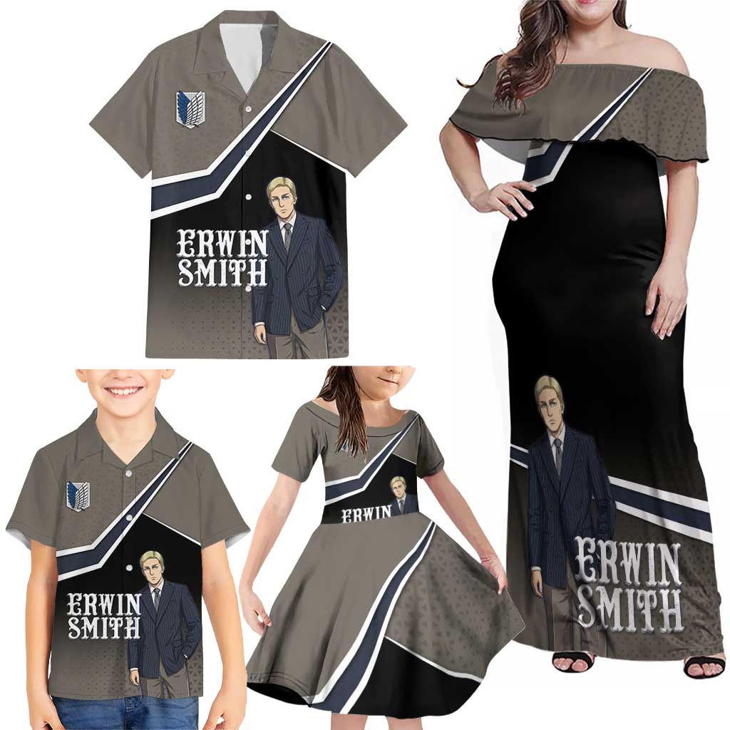 Erwin Smith Attack on Titan Family Matching Off Shoulder Maxi Dress and Hawaiian Shirt Anime Executive Suit Aesthetic
