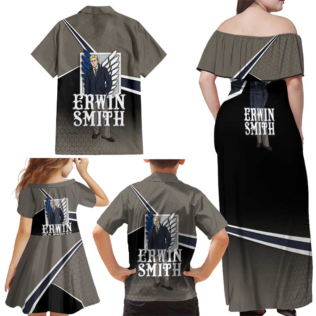 Erwin Smith Attack on Titan Family Matching Off Shoulder Maxi Dress and Hawaiian Shirt Anime Executive Suit Aesthetic