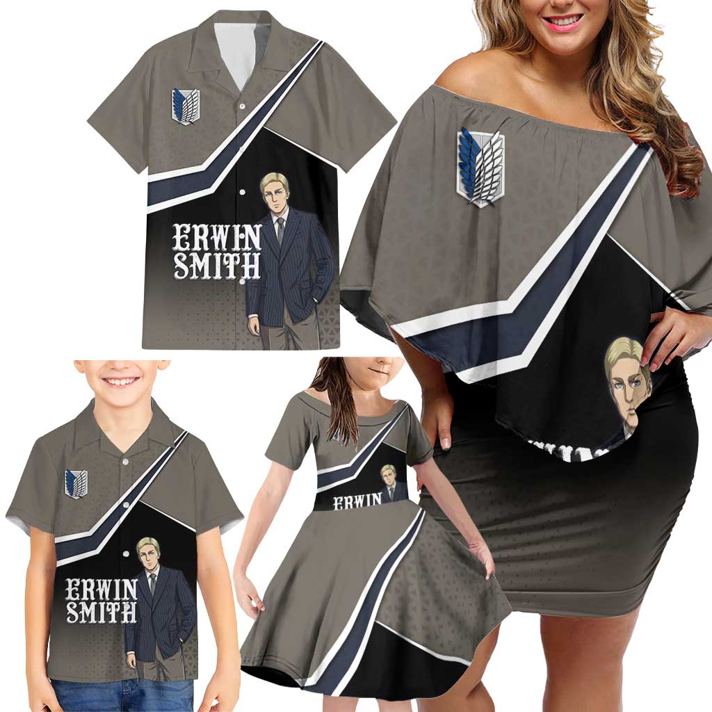 Erwin Smith Attack on Titan Family Matching Off Shoulder Short Dress and Hawaiian Shirt Anime Executive Suit Aesthetic