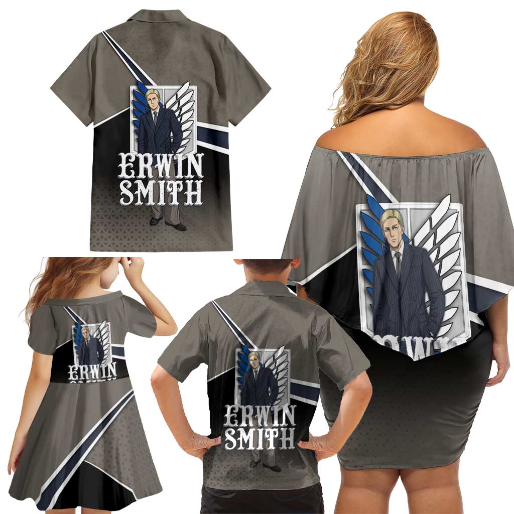 Erwin Smith Attack on Titan Family Matching Off Shoulder Short Dress and Hawaiian Shirt Anime Executive Suit Aesthetic