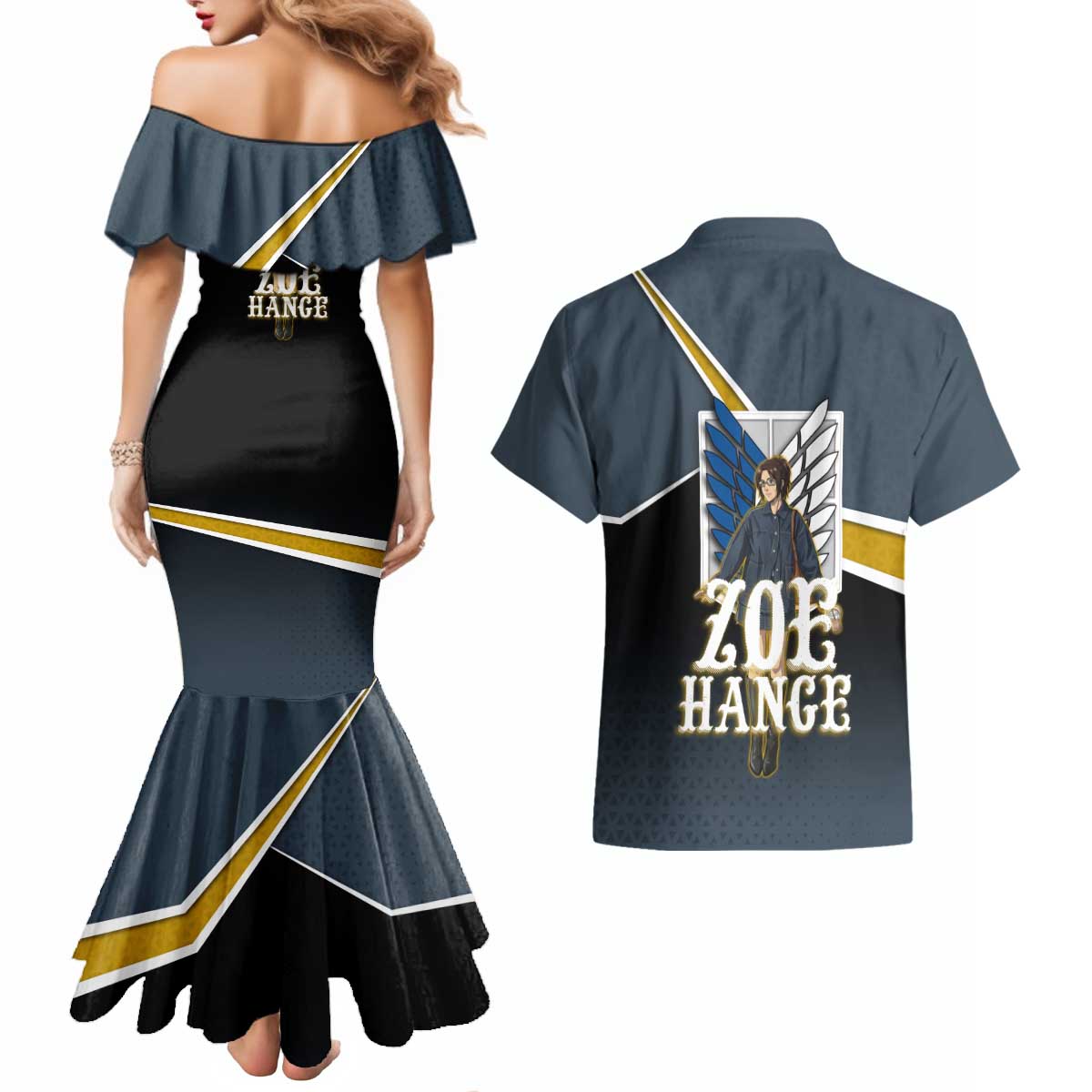 Zoe Hange Attack on Titan Couples Matching Mermaid Dress and Hawaiian Shirt Anime Urban Chic Illustration