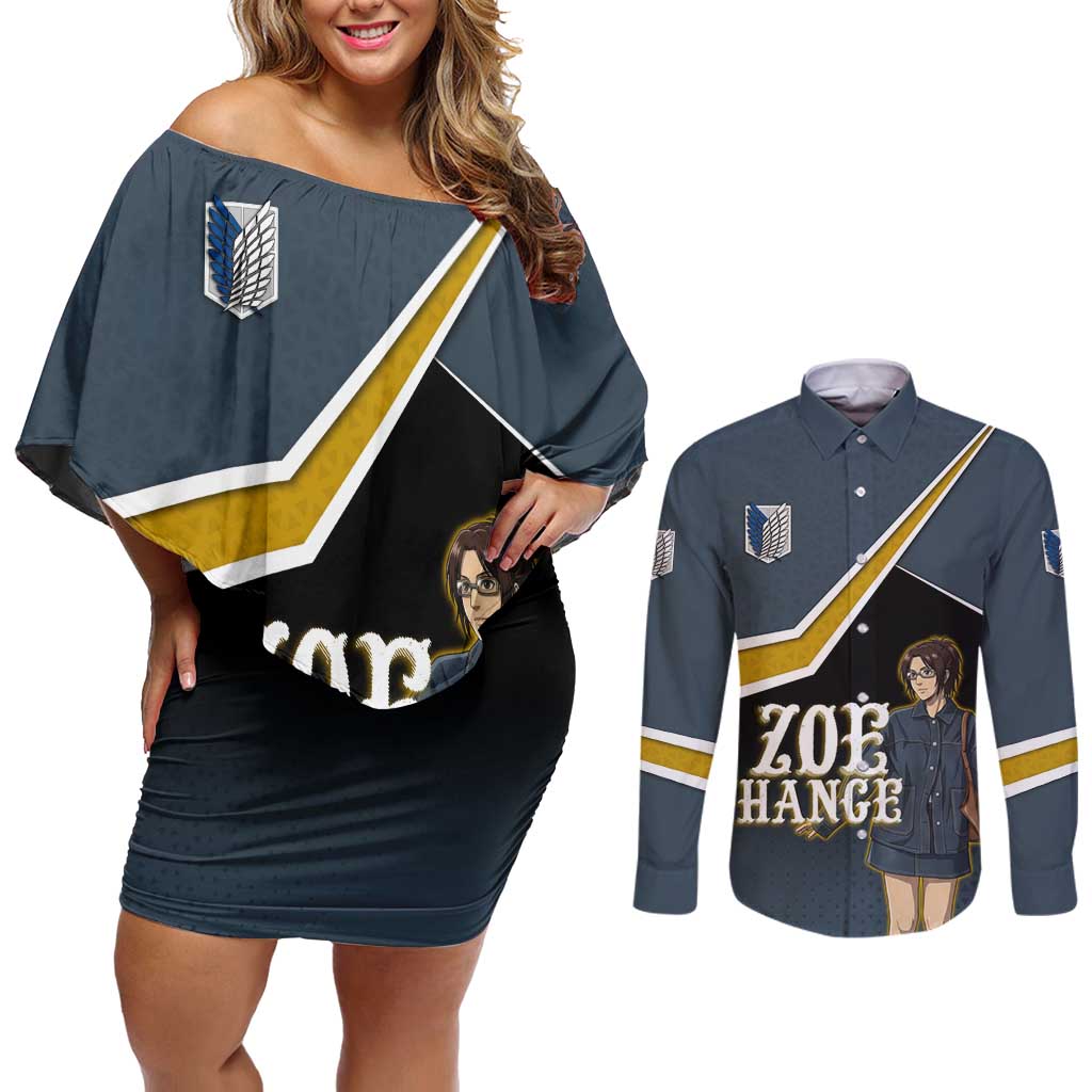Zoe Hange Attack on Titan Couples Matching Off Shoulder Short Dress and Long Sleeve Button Shirt Anime Urban Chic Illustration