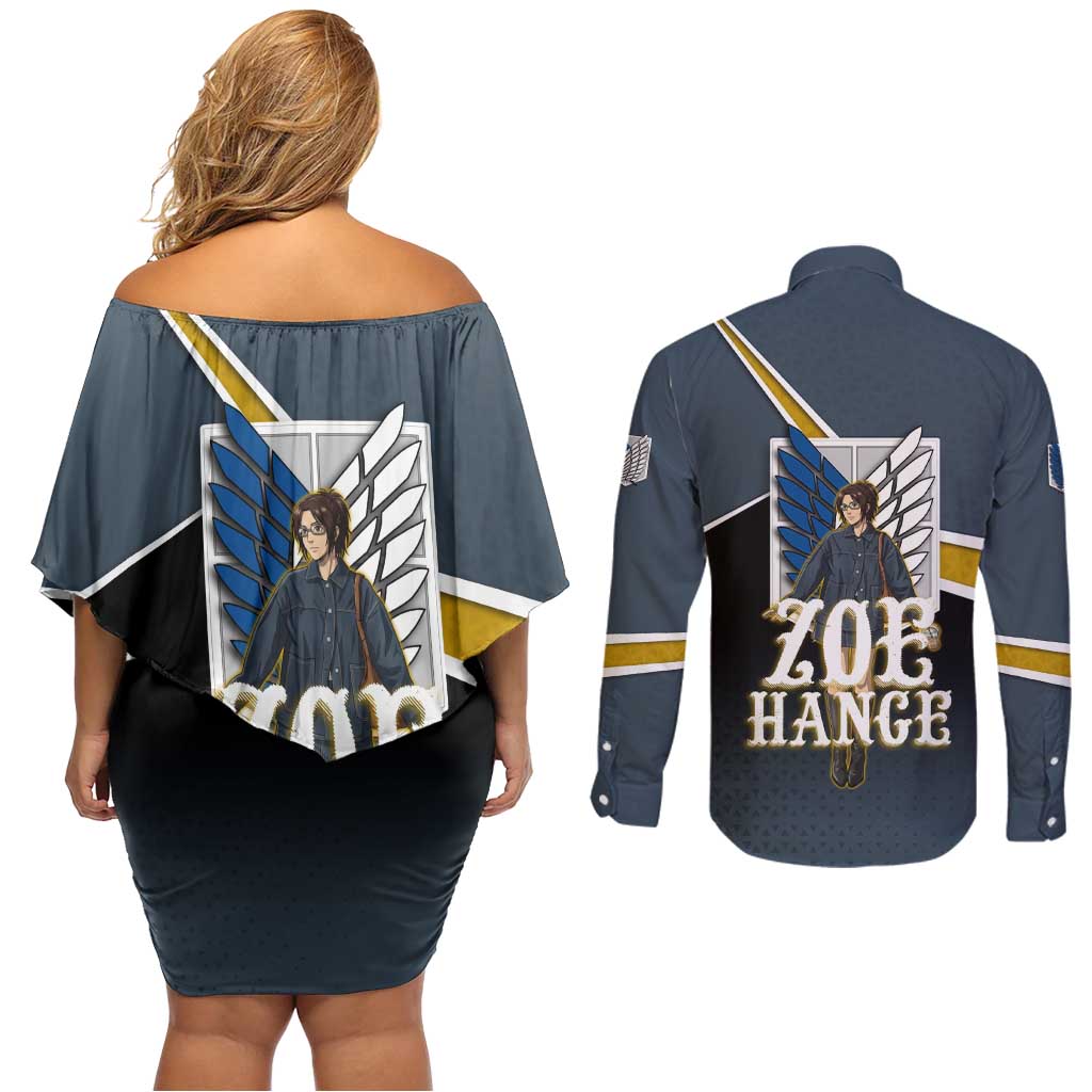 Zoe Hange Attack on Titan Couples Matching Off Shoulder Short Dress and Long Sleeve Button Shirt Anime Urban Chic Illustration