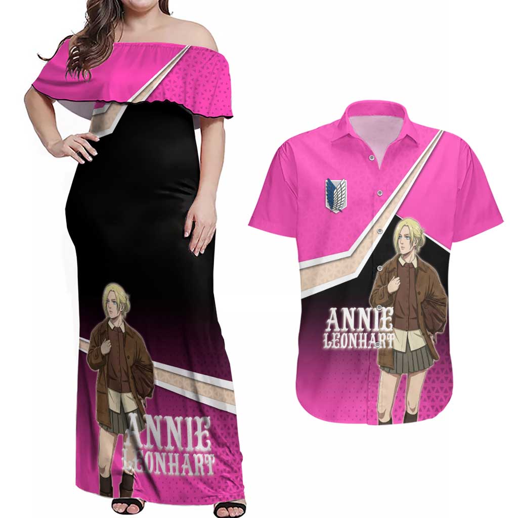Annie Leonhart Attack on Titan Couples Matching Off Shoulder Maxi Dress and Hawaiian Shirt Anime Preppy Streetwear Style