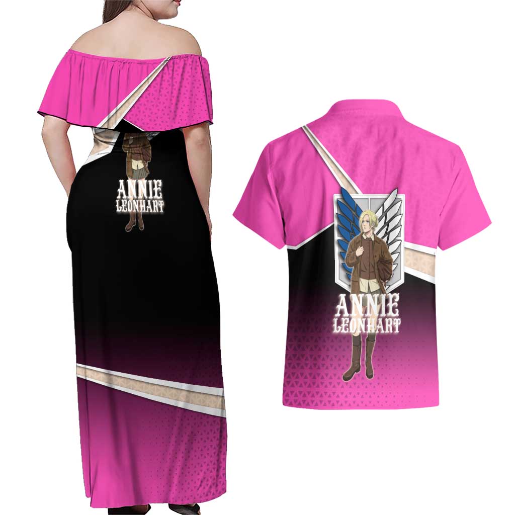 Annie Leonhart Attack on Titan Couples Matching Off Shoulder Maxi Dress and Hawaiian Shirt Anime Preppy Streetwear Style