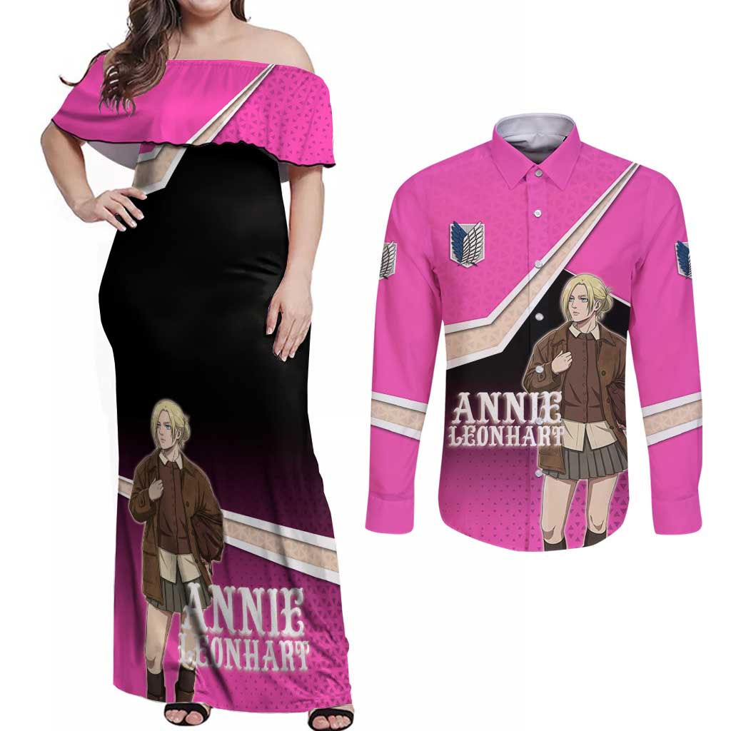Annie Leonhart Attack on Titan Couples Matching Off Shoulder Maxi Dress and Long Sleeve Button Shirt Anime Preppy Streetwear Style
