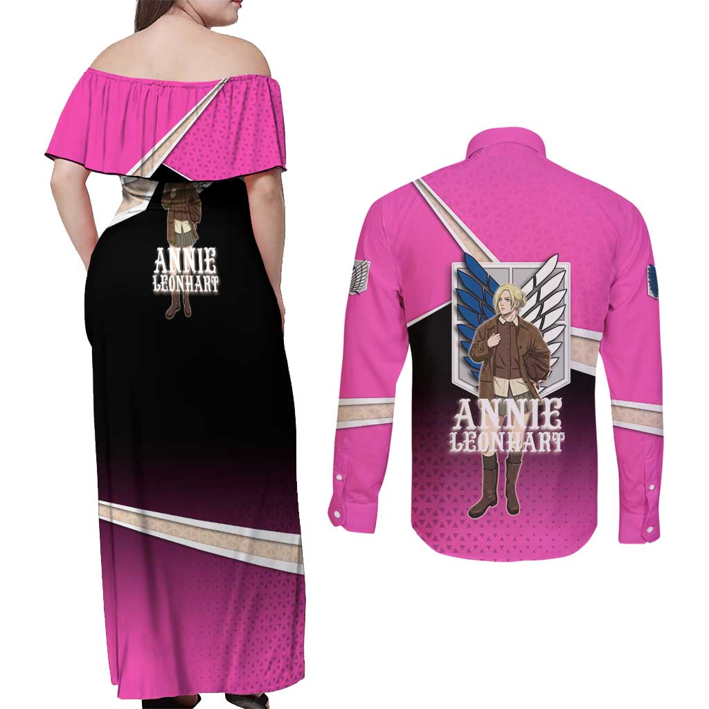 Annie Leonhart Attack on Titan Couples Matching Off Shoulder Maxi Dress and Long Sleeve Button Shirt Anime Preppy Streetwear Style