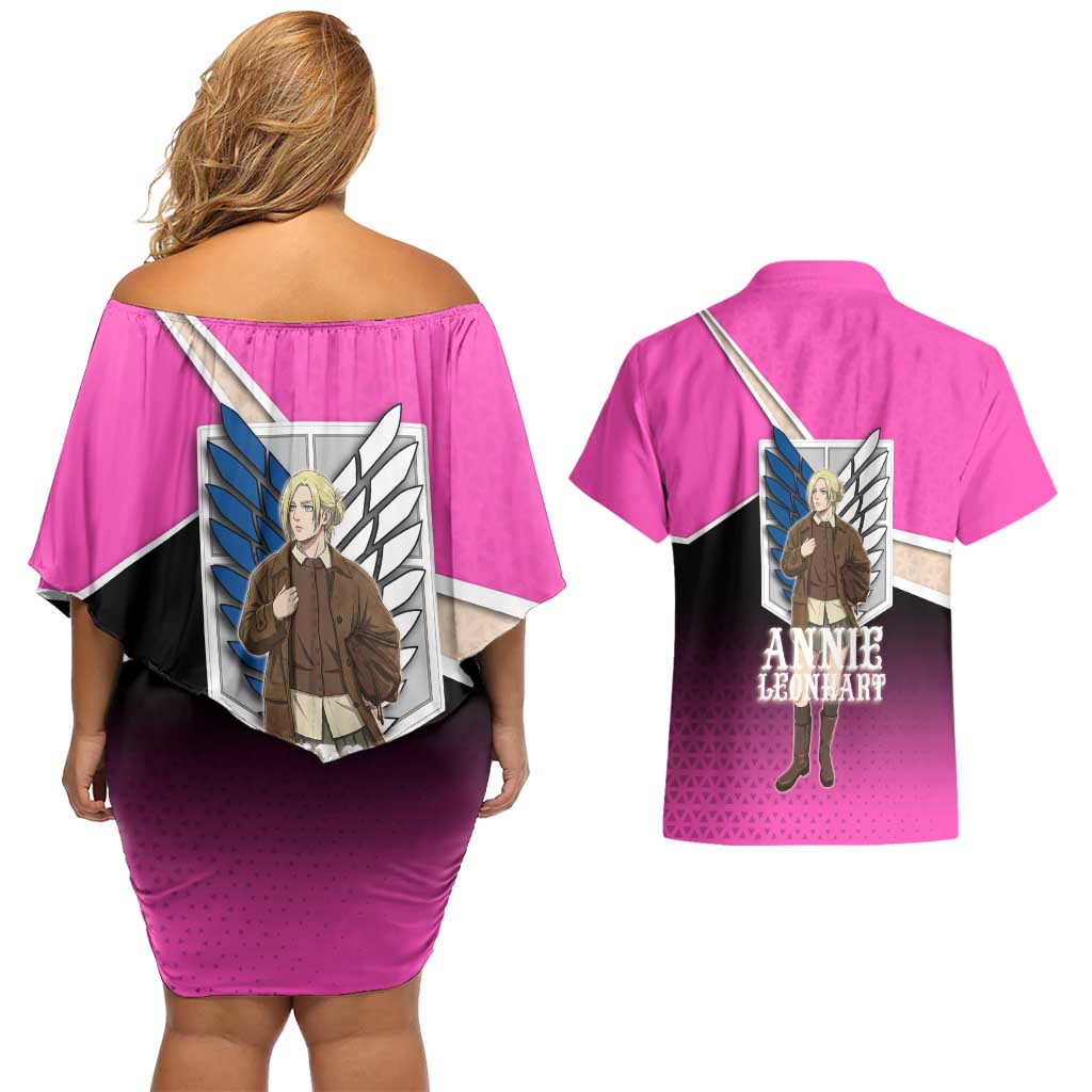 Annie Leonhart Attack on Titan Couples Matching Off Shoulder Short Dress and Hawaiian Shirt Anime Preppy Streetwear Style
