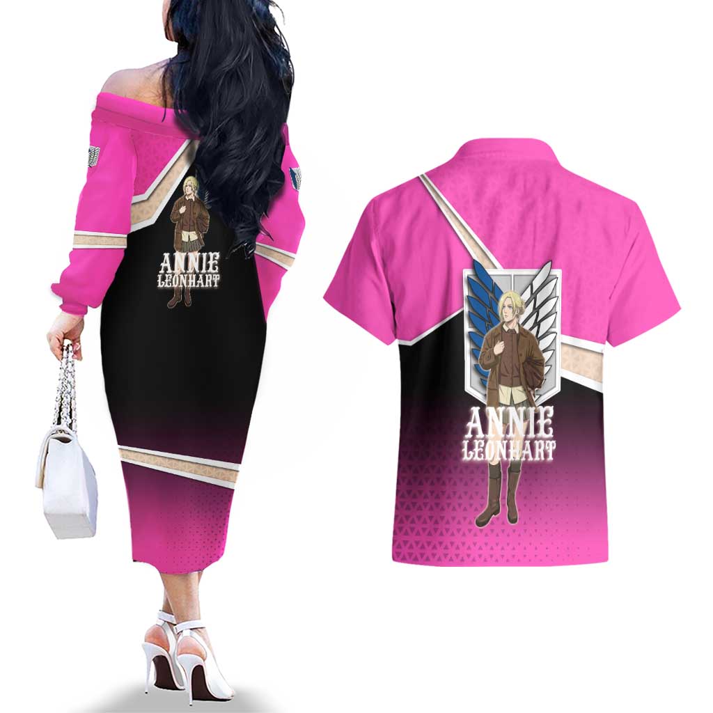 Annie Leonhart Attack on Titan Couples Matching Off The Shoulder Long Sleeve Dress and Hawaiian Shirt Anime Preppy Streetwear Style