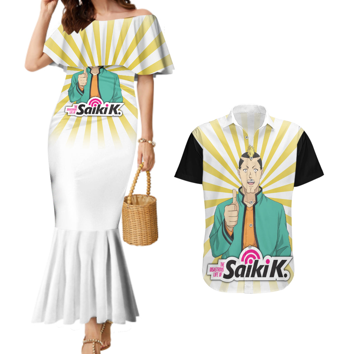 Saiki K Riki Nendou Couples Matching Mermaid Dress and Hawaiian Shirt The Disastrous Life of Saiki K