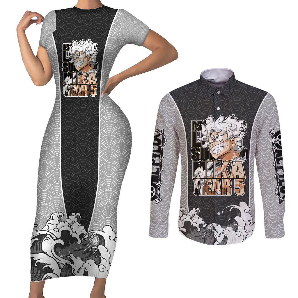 Monkey D Luffy Nika Gear 5 - One Piece Couples Matching Short Sleeve Bodycon Dress and Long Sleeve Button Shirt Japan Anime Style