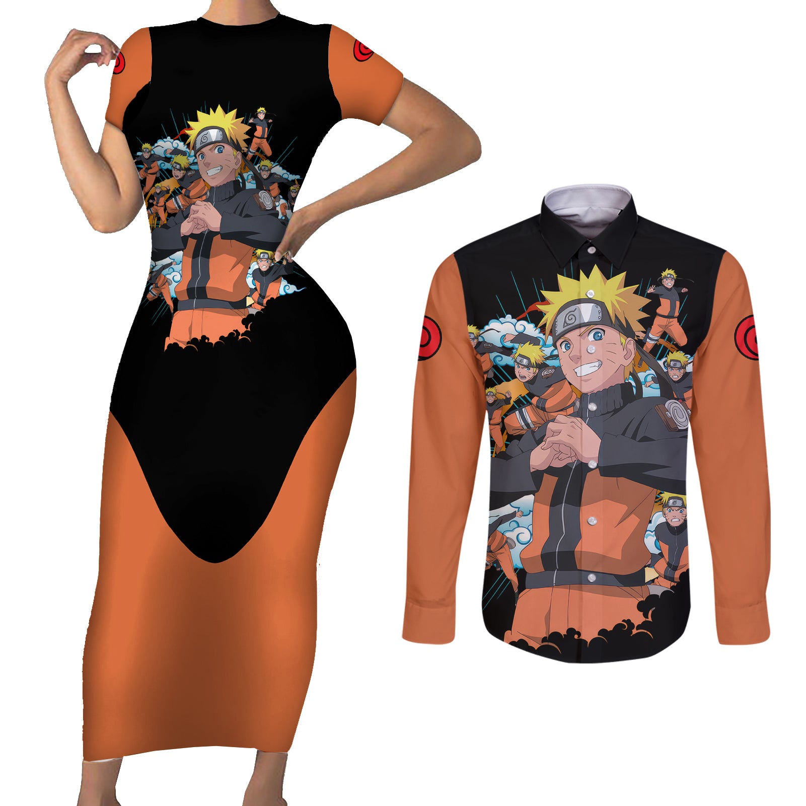 Uzumaki Shadow Clone Jutsu - Naruto Couples Matching Short Sleeve Bodycon Dress and Long Sleeve Button Shirt Anime Style