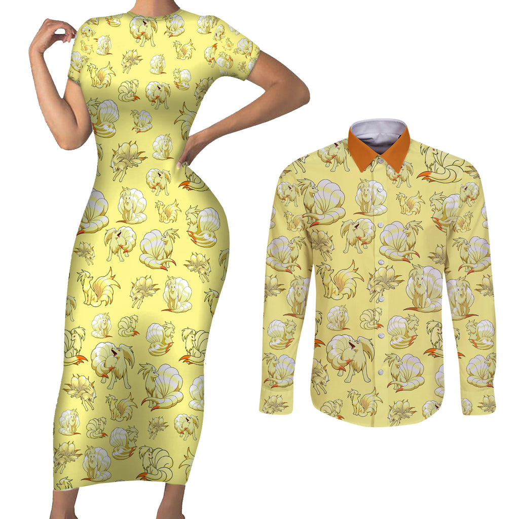 Ninetales Couples Matching Short Sleeve Bodycon Dress and Long Sleeve Button Shirt Pattern Style