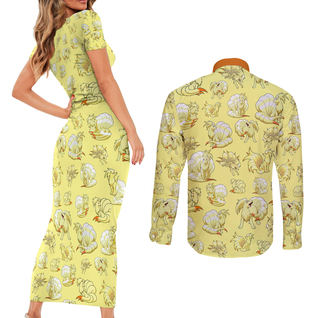 Ninetales Couples Matching Short Sleeve Bodycon Dress and Long Sleeve Button Shirt Pattern Style