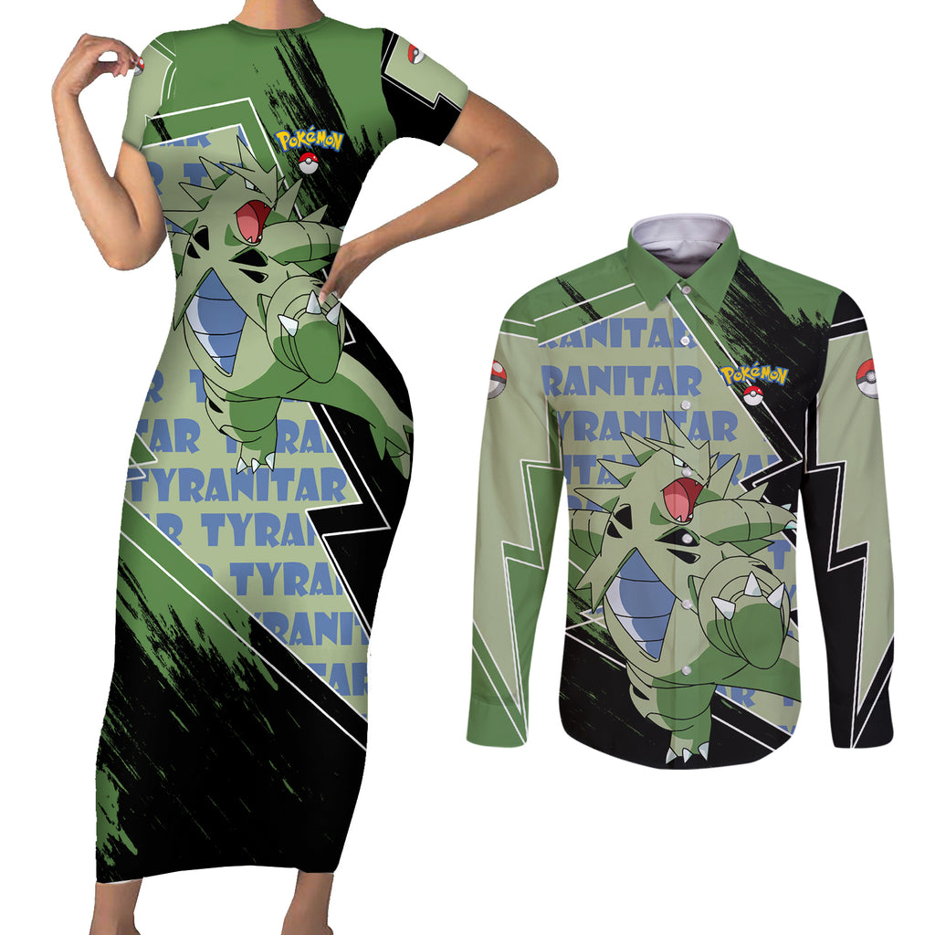Tyranitar Couples Matching Short Sleeve Bodycon Dress and Long Sleeve Button Shirt Pattern Style
