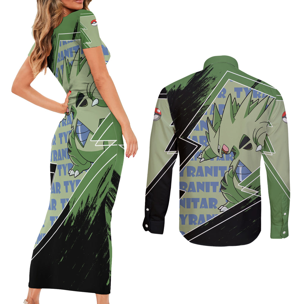 Tyranitar Couples Matching Short Sleeve Bodycon Dress and Long Sleeve Button Shirt Pattern Style
