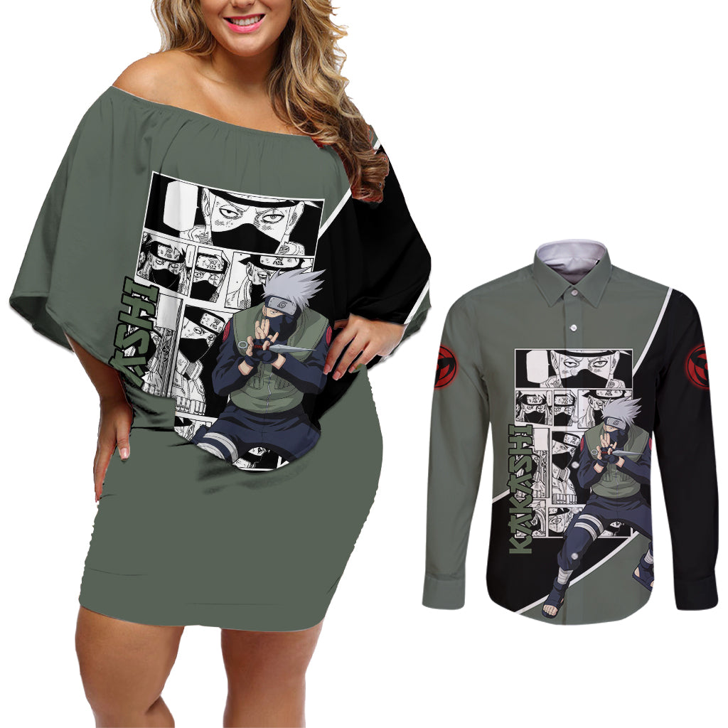 Kakashi - Naruto Couples Matching Off Shoulder Short Dress and Long Sleeve Button Shirt Anime Mix Manga Style