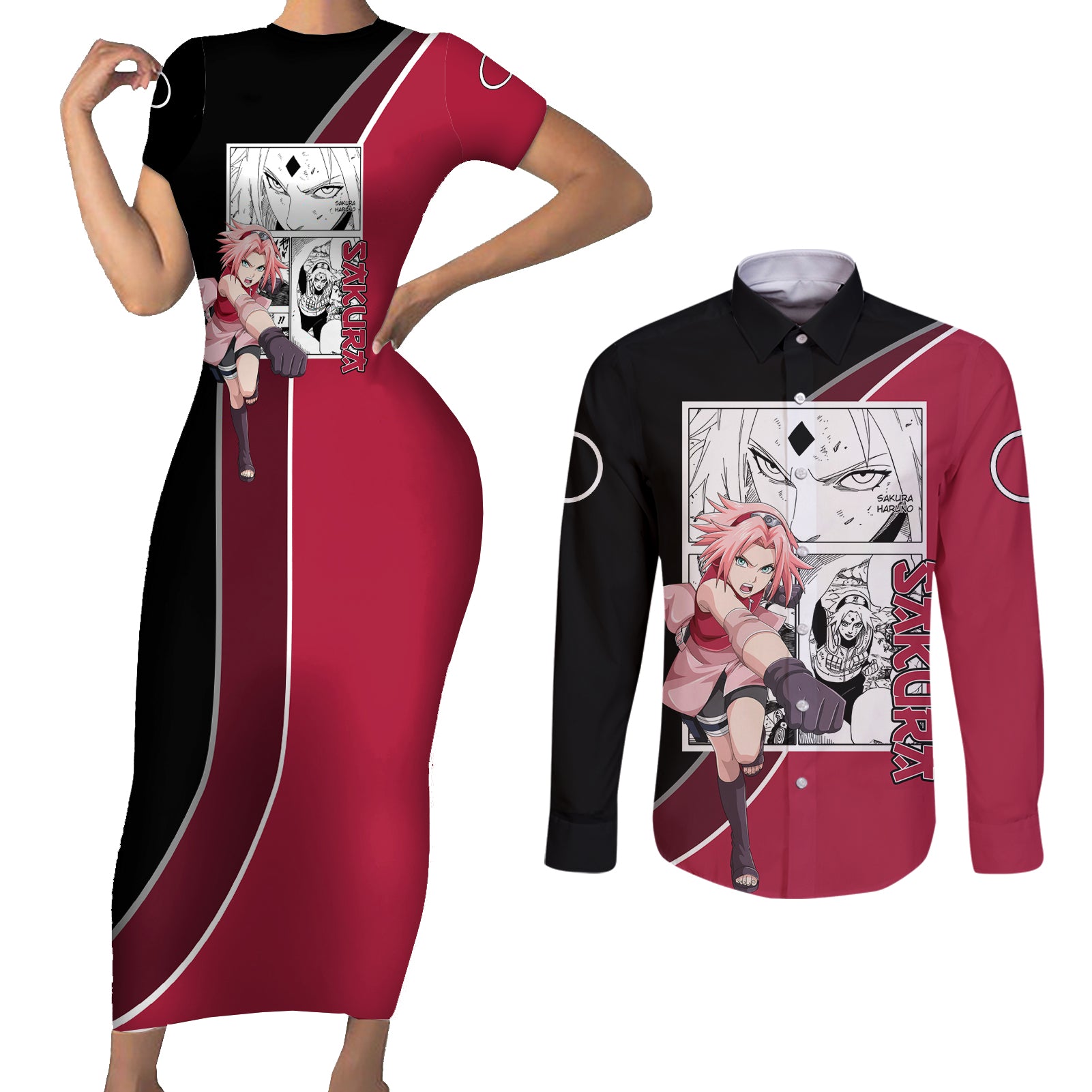 Sakura Haruno - Naruto Couples Matching Short Sleeve Bodycon Dress and Long Sleeve Button Shirt Anime Mix Manga Style