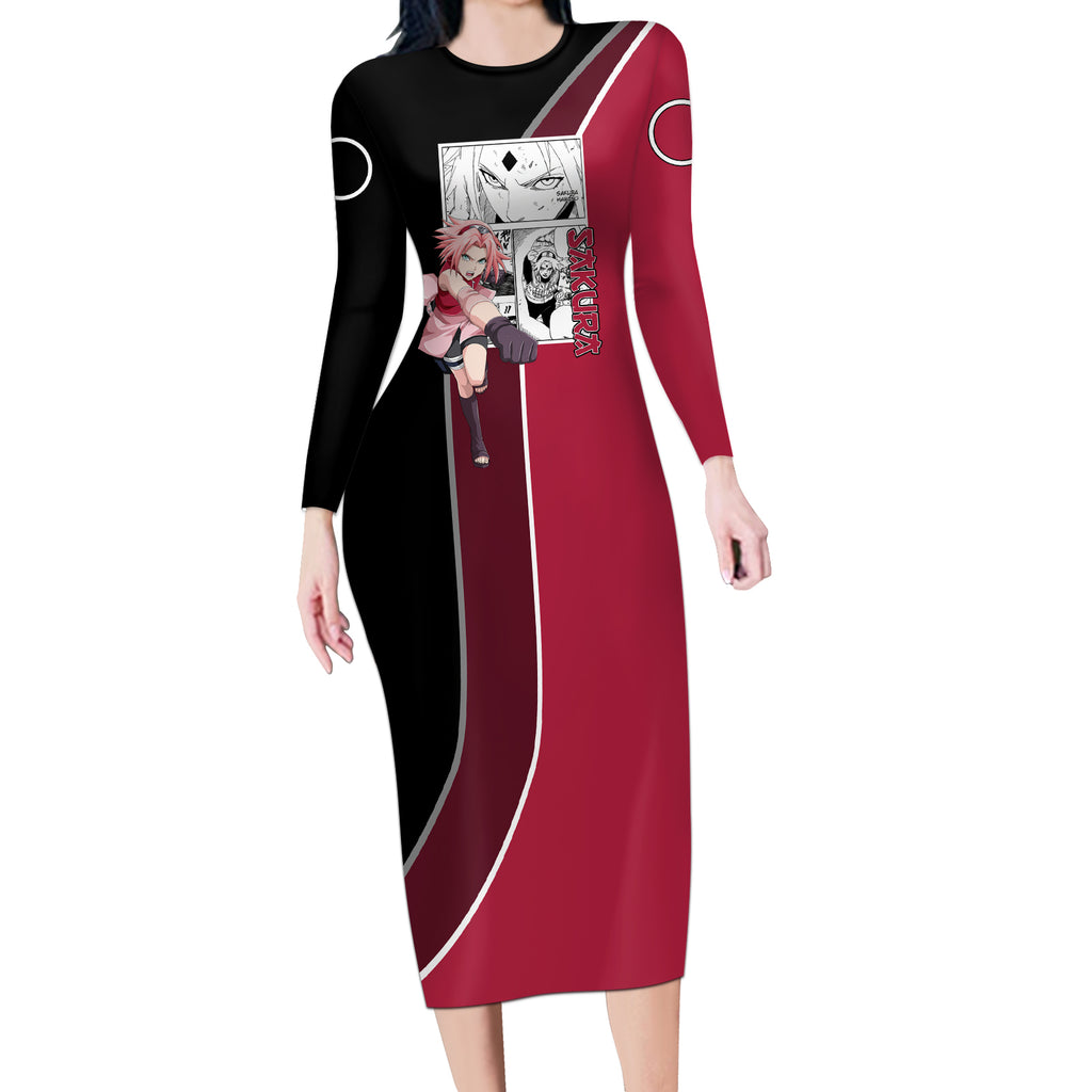 Sakura Haruno - Naruto Long Sleeve Bodycon Dress Anime Mix Manga Style