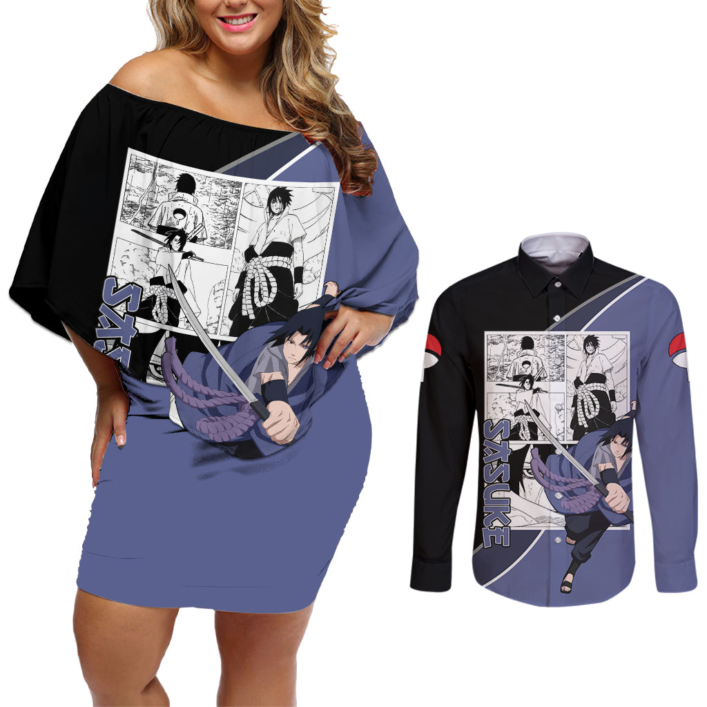 Sasuke - Naruto Couples Matching Off Shoulder Short Dress and Long Sleeve Button Shirt Anime Mix Manga Style