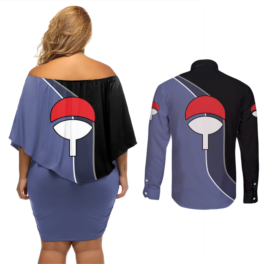 Sasuke - Naruto Couples Matching Off Shoulder Short Dress and Long Sleeve Button Shirt Anime Mix Manga Style