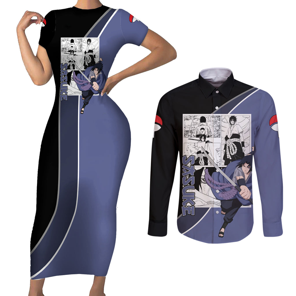 Sasuke - Naruto Couples Matching Short Sleeve Bodycon Dress and Long Sleeve Button Shirt Anime Mix Manga Style