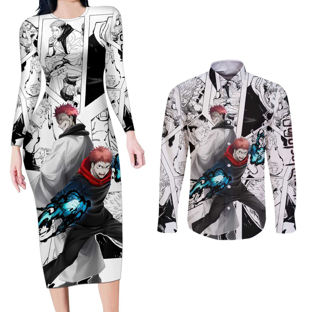 Itadori Yuji and Sukuna - Jujutsu Kaisen Couples Matching Long Sleeve Bodycon Dress and Long Sleeve Button Shirt Anime Japan Style