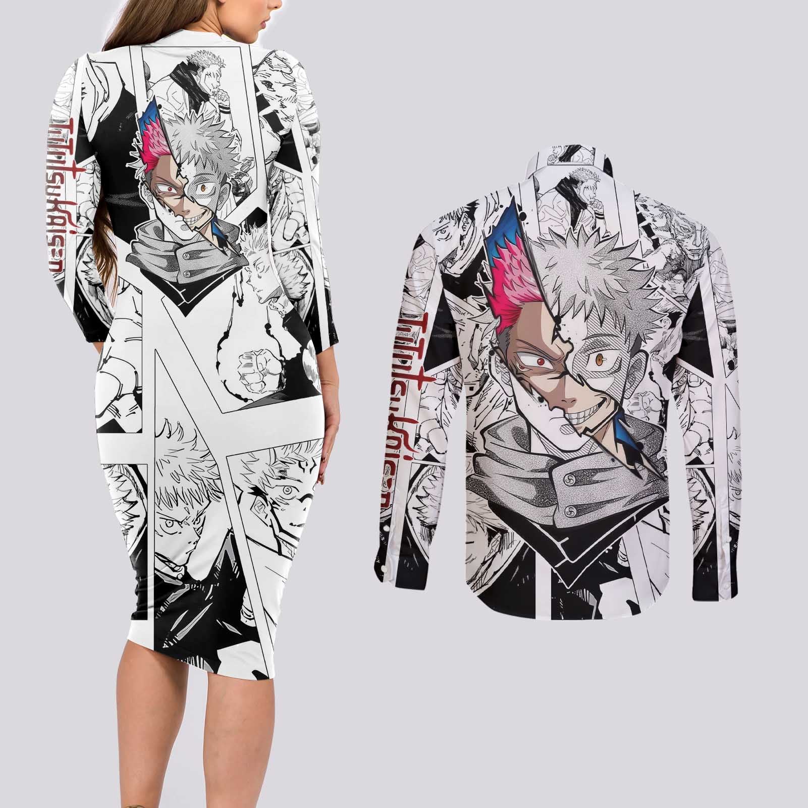Itadori Yuji and Sukuna - Jujutsu Kaisen Couples Matching Long Sleeve Bodycon Dress and Long Sleeve Button Shirt Anime Japan Style