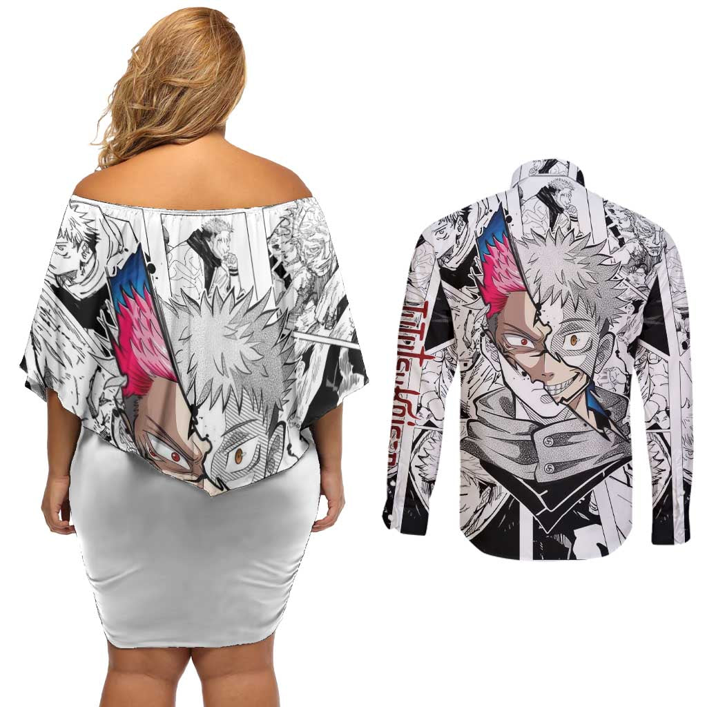 Itadori Yuji and Sukuna - Jujutsu Kaisen Couples Matching Off Shoulder Short Dress and Long Sleeve Button Shirt Anime Japan Style