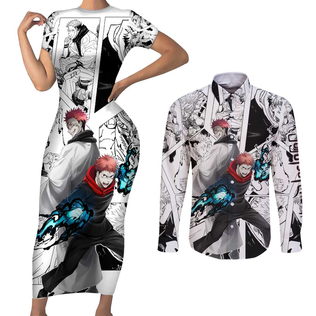 Itadori Yuji and Sukuna - Jujutsu Kaisen Couples Matching Short Sleeve Bodycon Dress and Long Sleeve Button Shirt Anime Japan Style