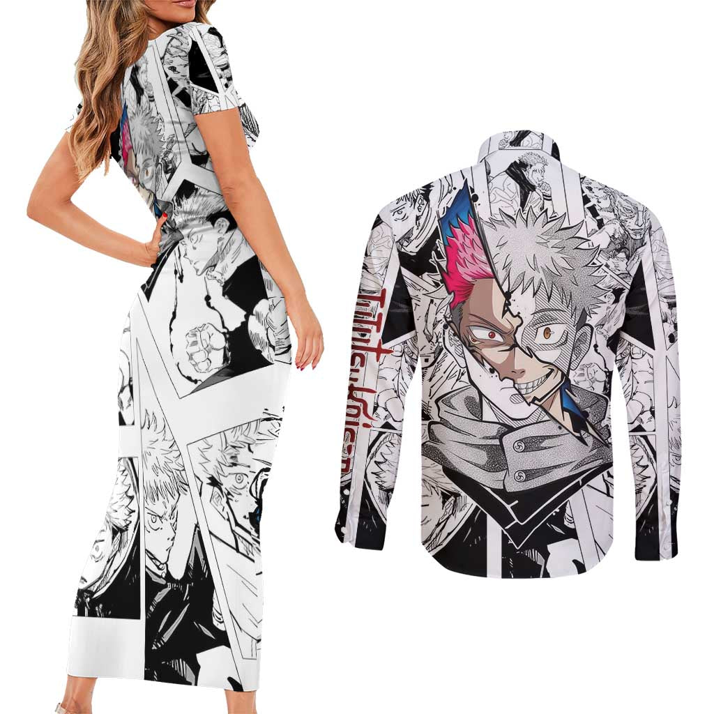 Itadori Yuji and Sukuna - Jujutsu Kaisen Couples Matching Short Sleeve Bodycon Dress and Long Sleeve Button Shirt Anime Japan Style