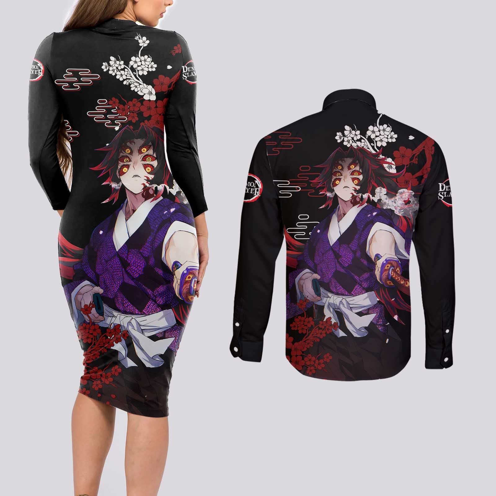 Kokushibo - Demon Slayer Couples Matching Long Sleeve Bodycon Dress and Long Sleeve Button Shirt Anime Japan Style