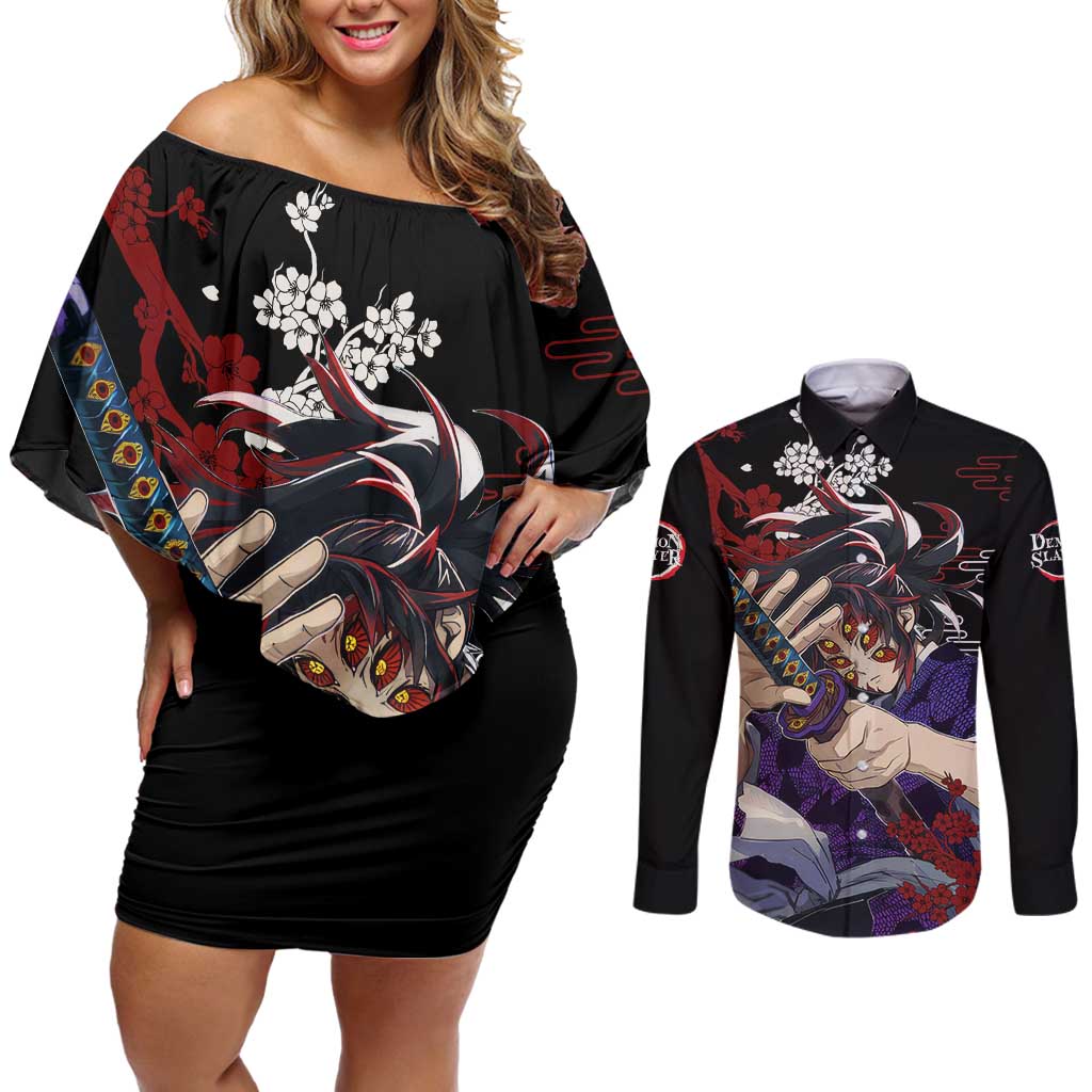 Kokushibo - Demon Slayer Couples Matching Off Shoulder Short Dress and Long Sleeve Button Shirt Anime Japan Style