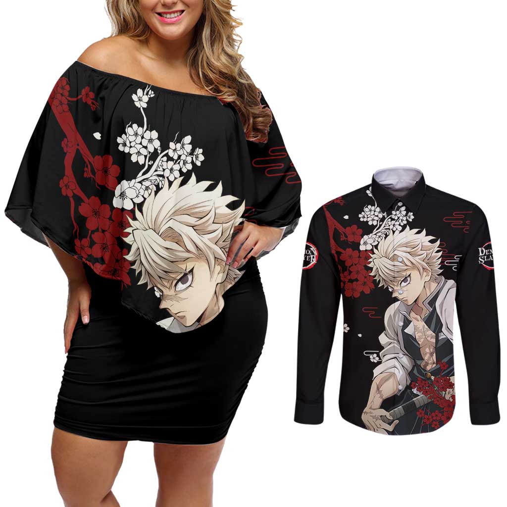 Sanemi Shinazugawa - Demon Slayer Couples Matching Off Shoulder Short Dress and Long Sleeve Button Shirt Anime Japan Style