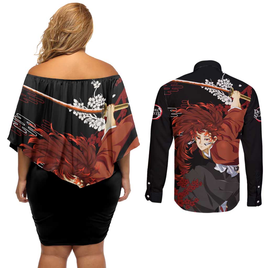 Yoriichi Tsugikuni - Demon Slayer Couples Matching Off Shoulder Short Dress and Long Sleeve Button Shirt Anime Text Pattern Style