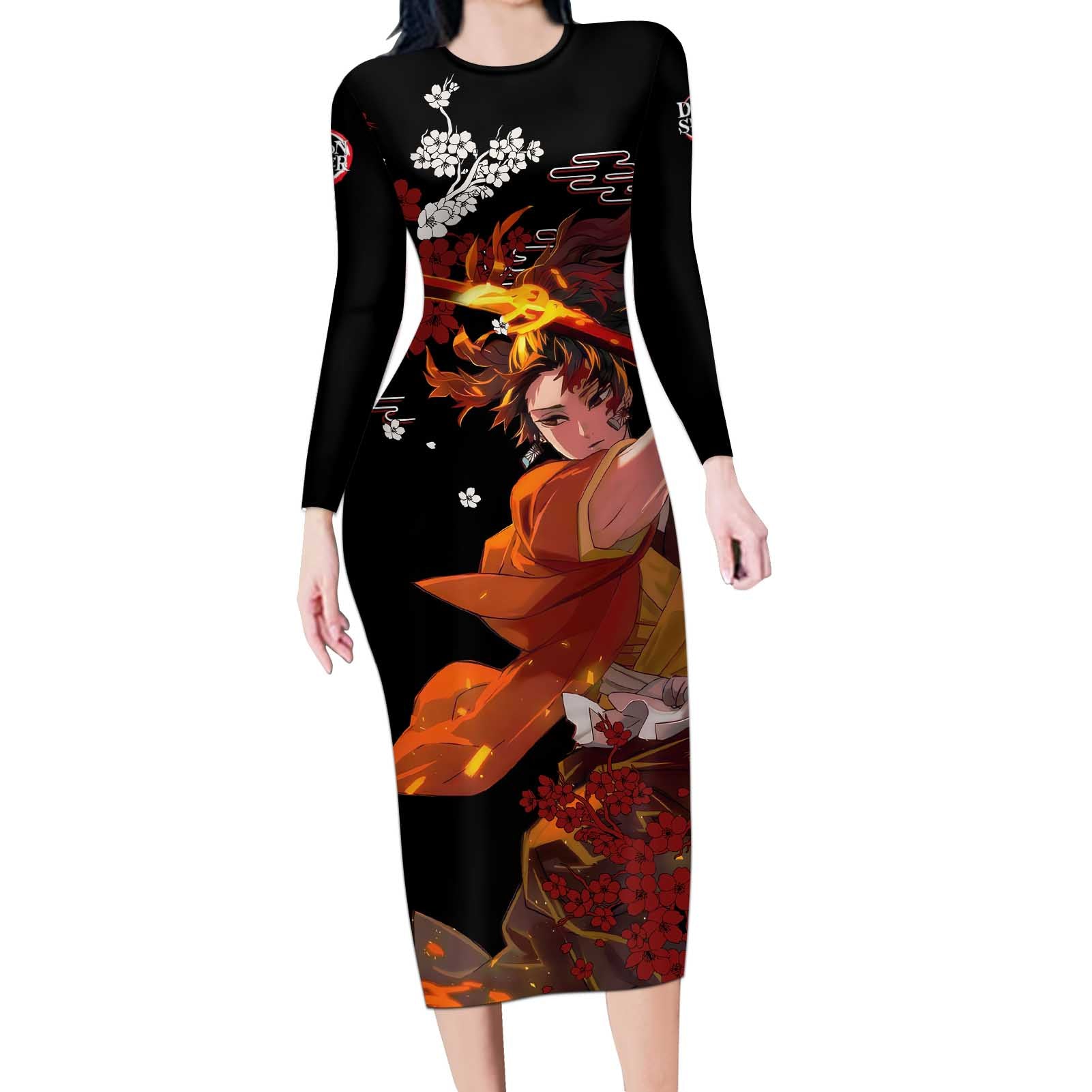 Yoriichi Tsugikuni - Demon Slayer Long Sleeve Bodycon Dress Anime Text Pattern Style