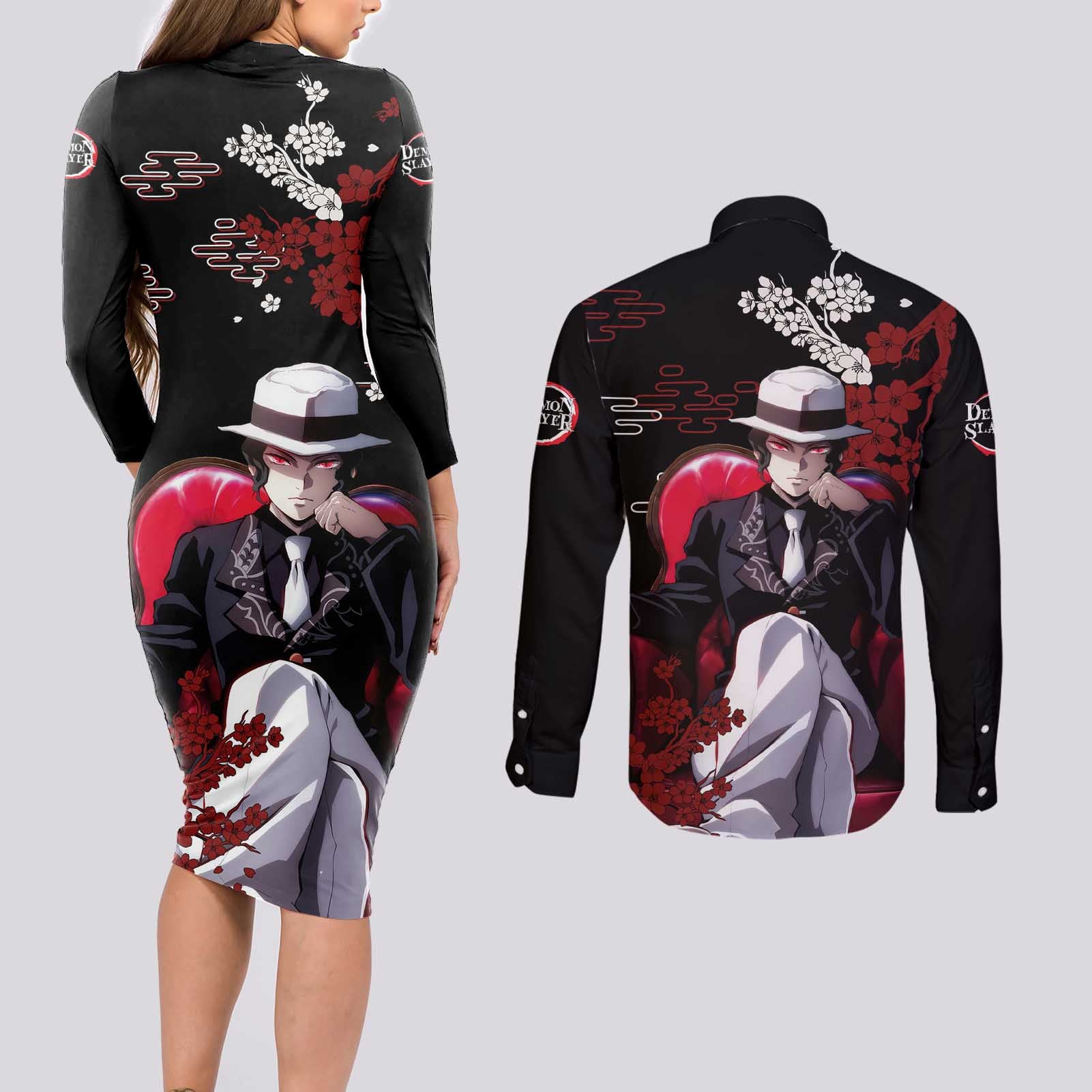 Muzan Kibutsuji - Demon Slayer Couples Matching Long Sleeve Bodycon Dress and Long Sleeve Button Shirt Anime Japan Style