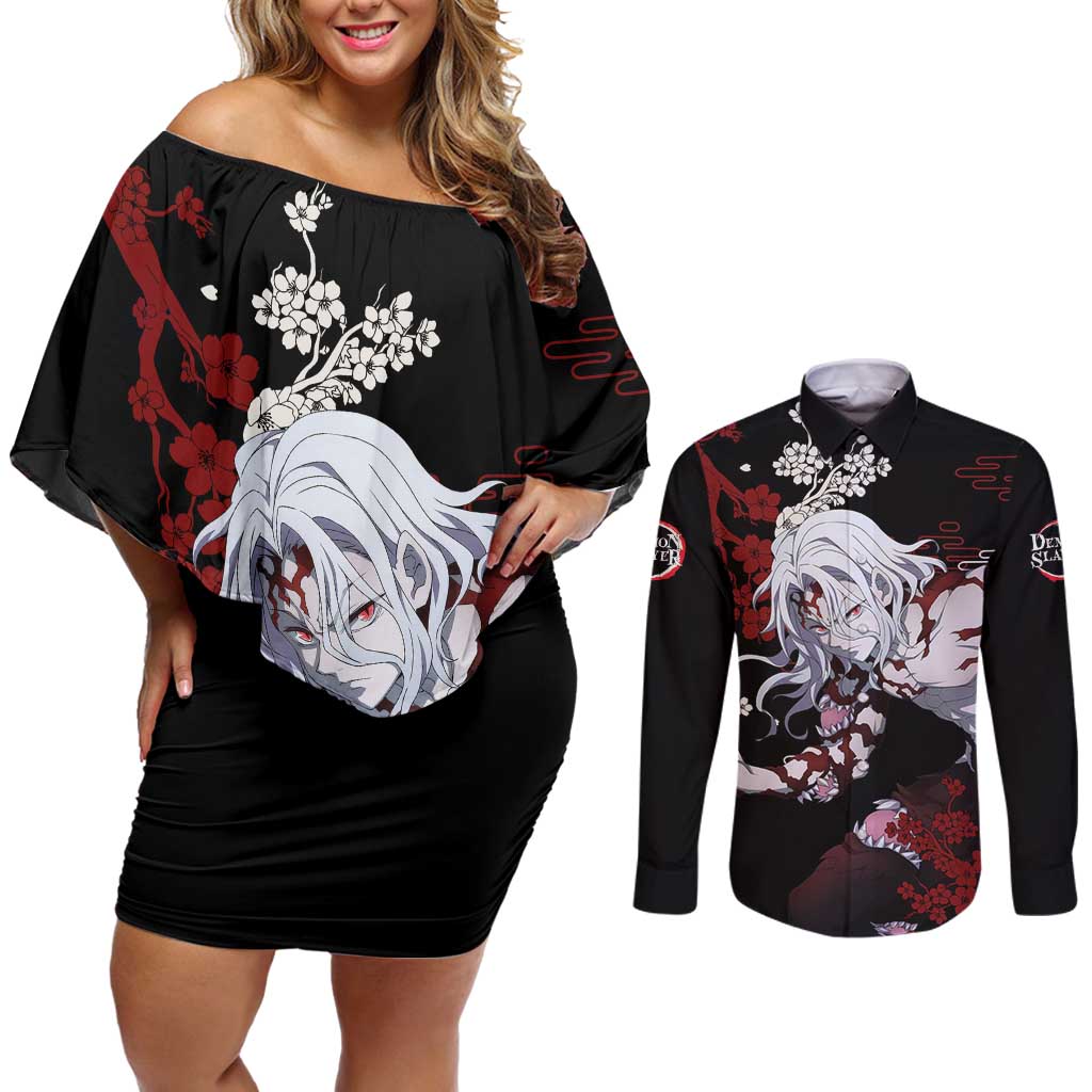 Muzan Kibutsuji - Demon Slayer Couples Matching Off Shoulder Short Dress and Long Sleeve Button Shirt Anime Japan Style