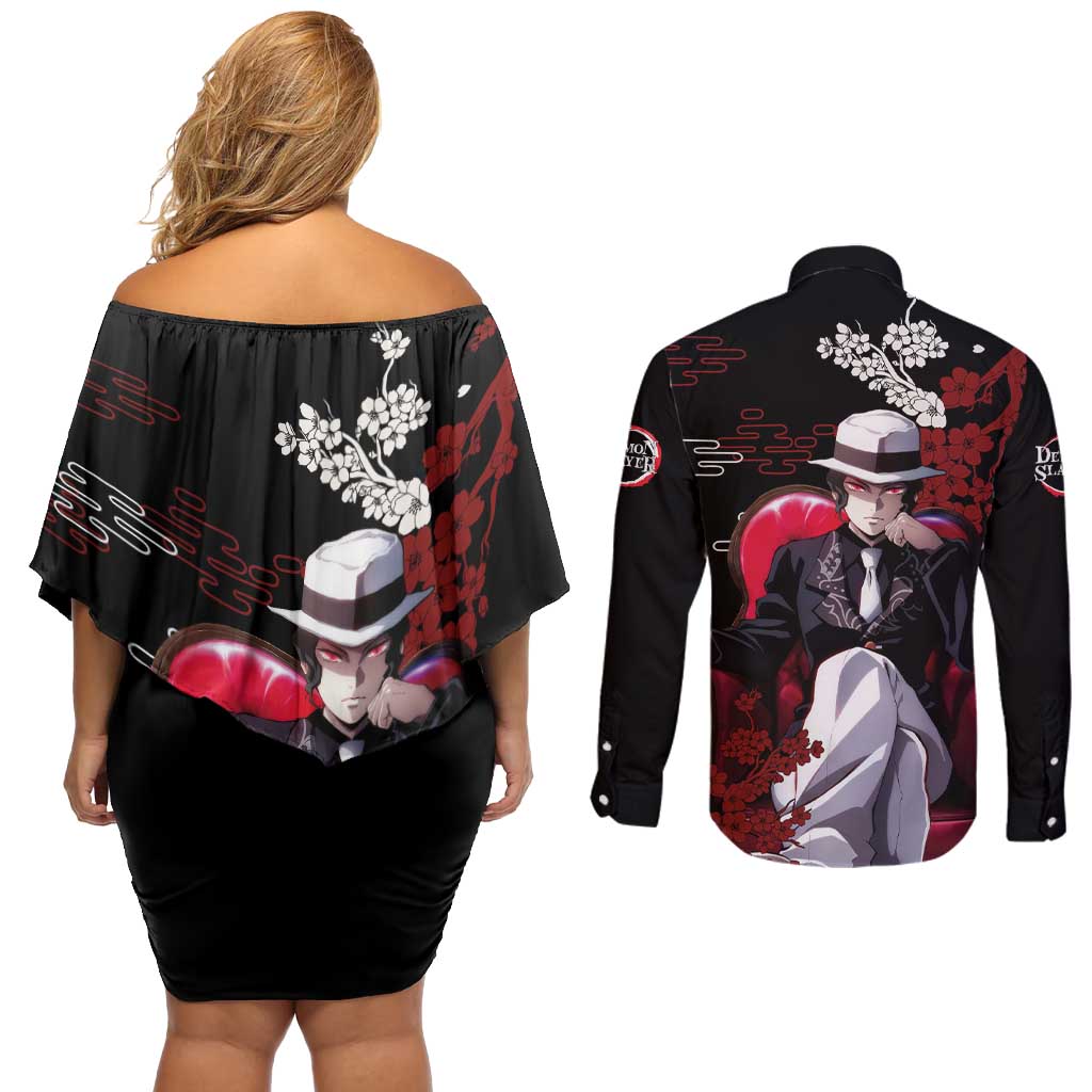 Muzan Kibutsuji - Demon Slayer Couples Matching Off Shoulder Short Dress and Long Sleeve Button Shirt Anime Japan Style