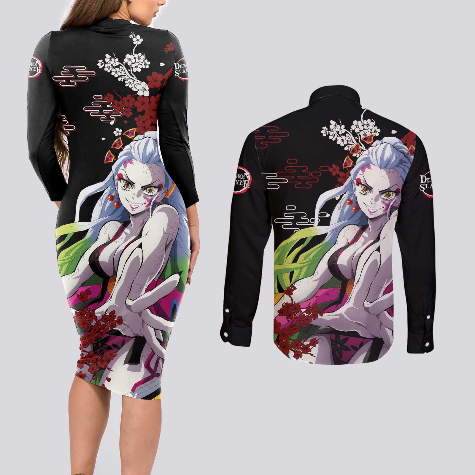 Daki - Demon Slayer Couples Matching Long Sleeve Bodycon Dress and Long Sleeve Button Shirt Anime Japan Style