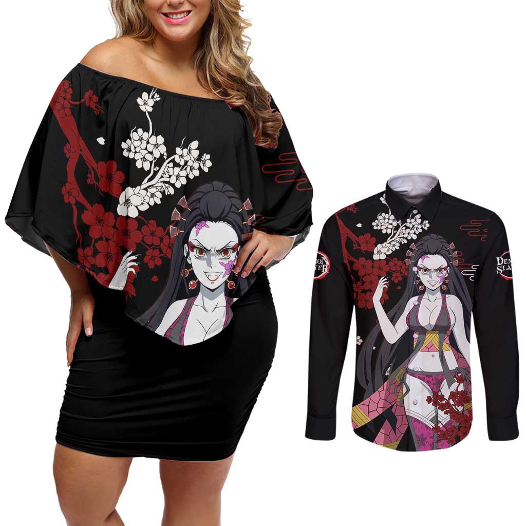 Daki - Demon Slayer Couples Matching Off Shoulder Short Dress and Long Sleeve Button Shirt Anime Japan Style