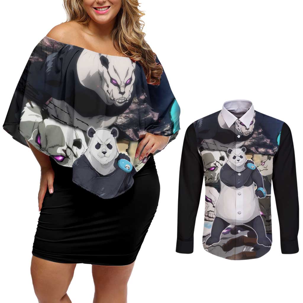 Panda - Jujutsu Kaisen Couples Matching Off Shoulder Short Dress and Long Sleeve Button Shirt Anime Style