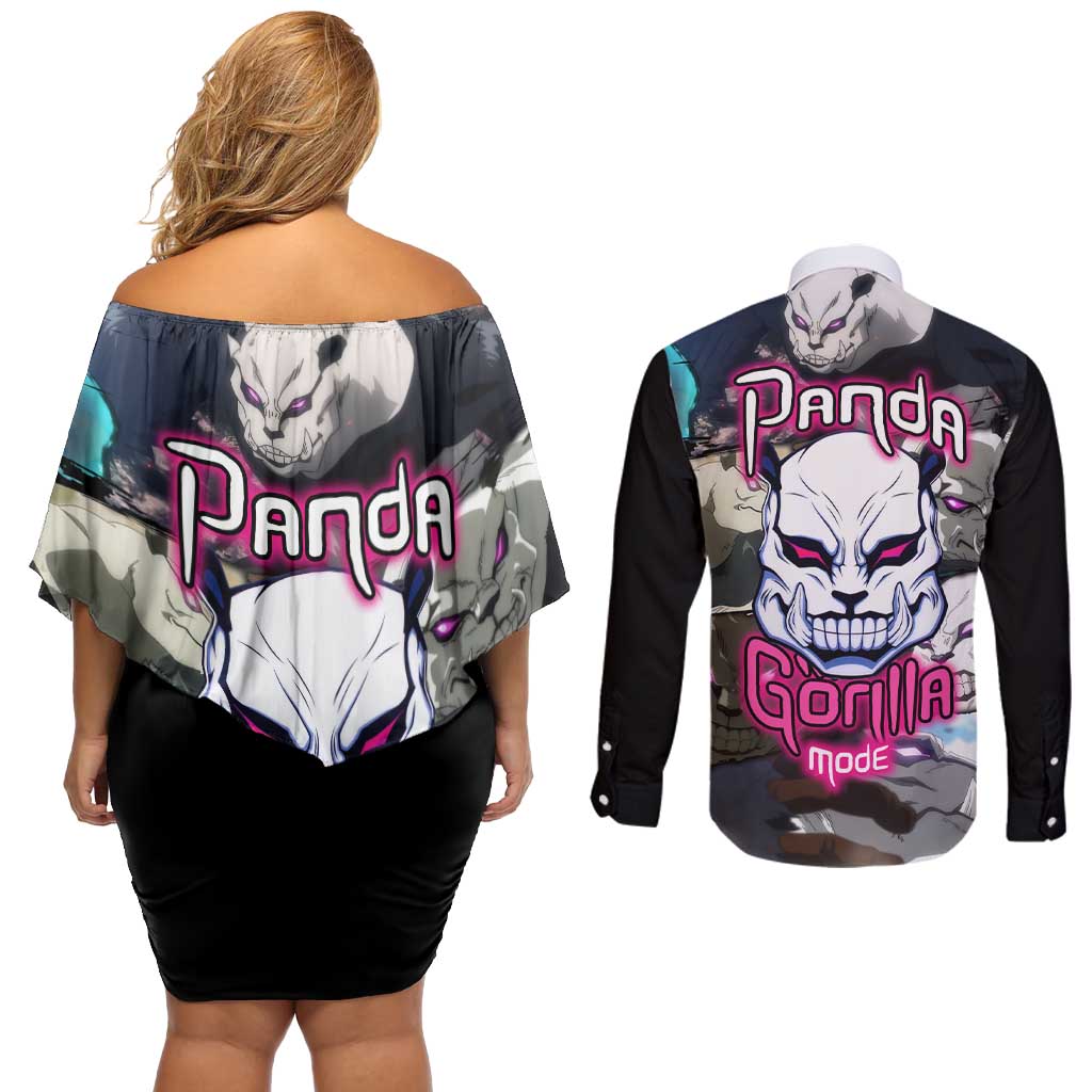 Panda - Jujutsu Kaisen Couples Matching Off Shoulder Short Dress and Long Sleeve Button Shirt Anime Style
